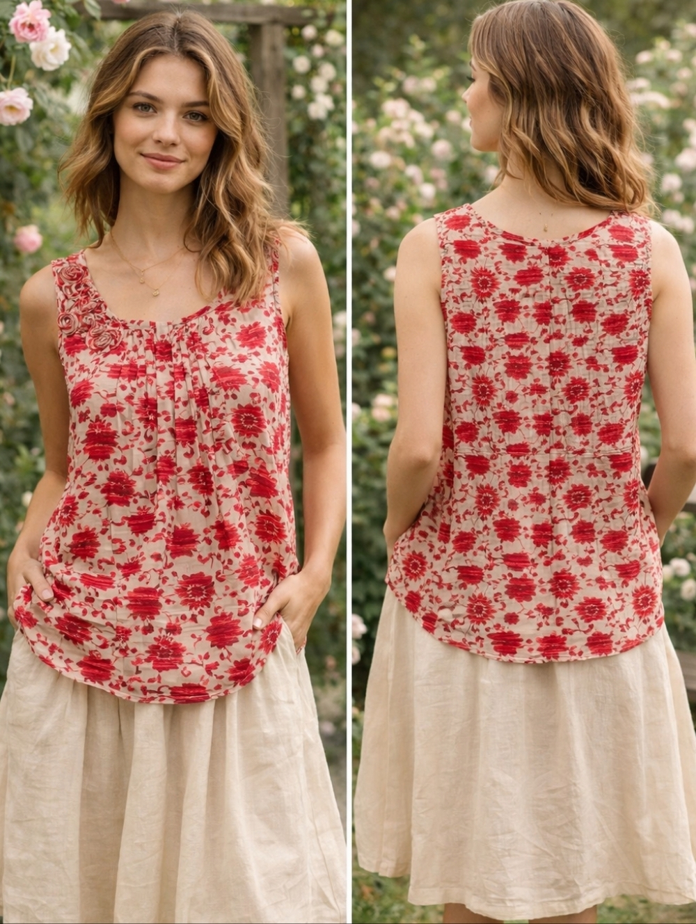 STYLE CO Sleeveless Blouse Womens Large Red Beige Silk Floral Boho Flowy Garden
